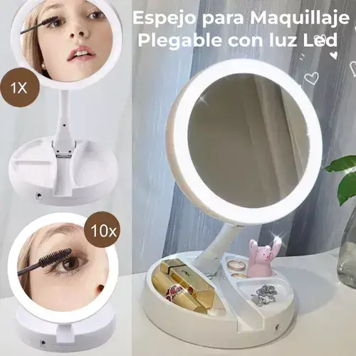 Espejo de maquillaje plegable con luz led